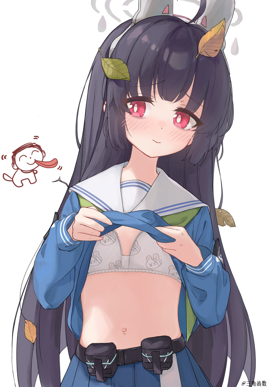 1girl, absurdres, animal_ears, blue_archive, blush, bra, clothes_lift, doodle_sensei_(blue_archive)
