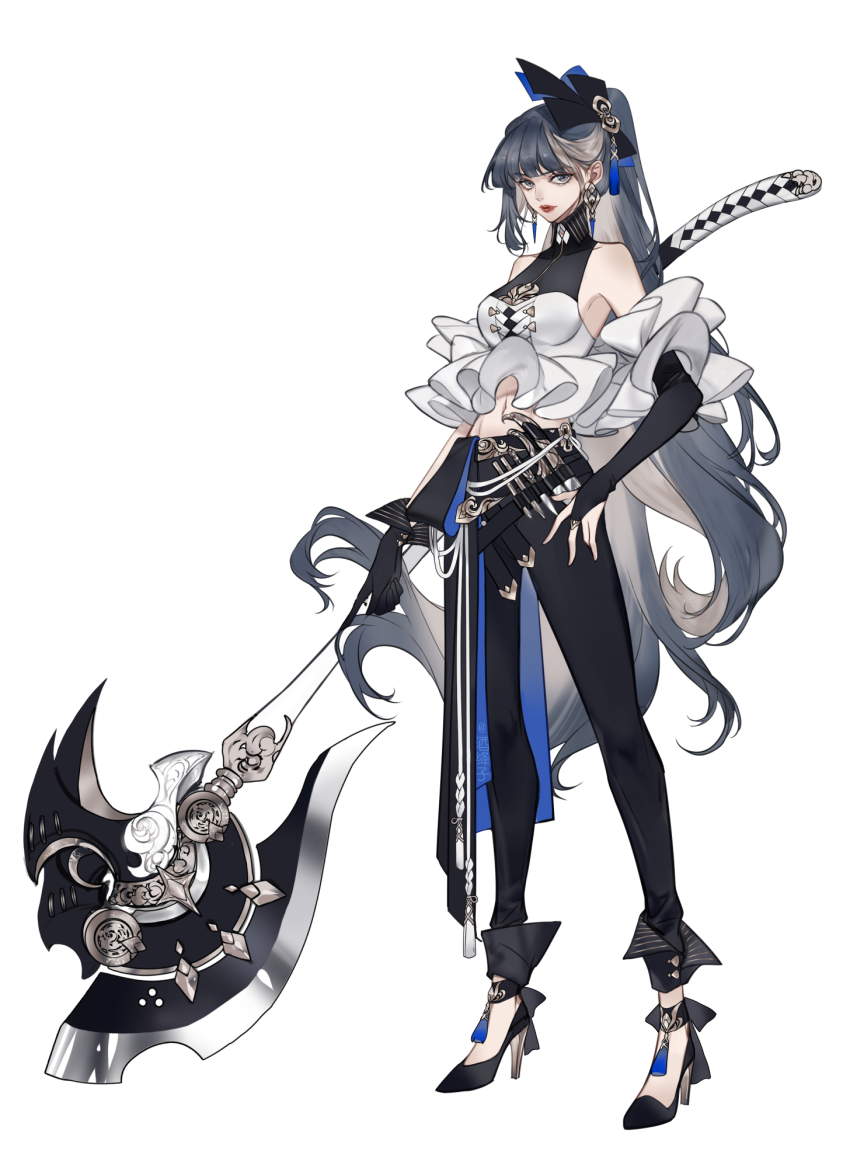 1girl, axe, bare_shoulders, belt, black_gloves, black_pants, breasts, bridal_gauntlets