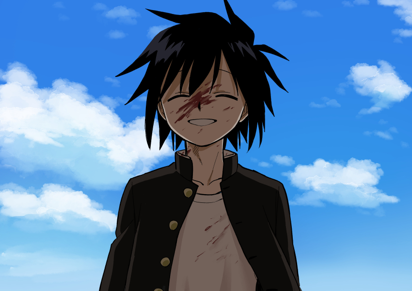 1boy, absurdres, black_hair, blood, blood_on_clothes, blood_on_face, blue_sky, closed_eyes
