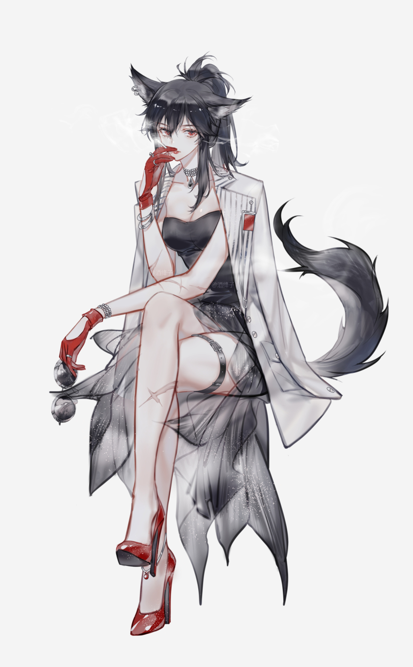 1girl, absurdres, animal_ears, arknights, bare_legs, black_dress, black_hair, breasts