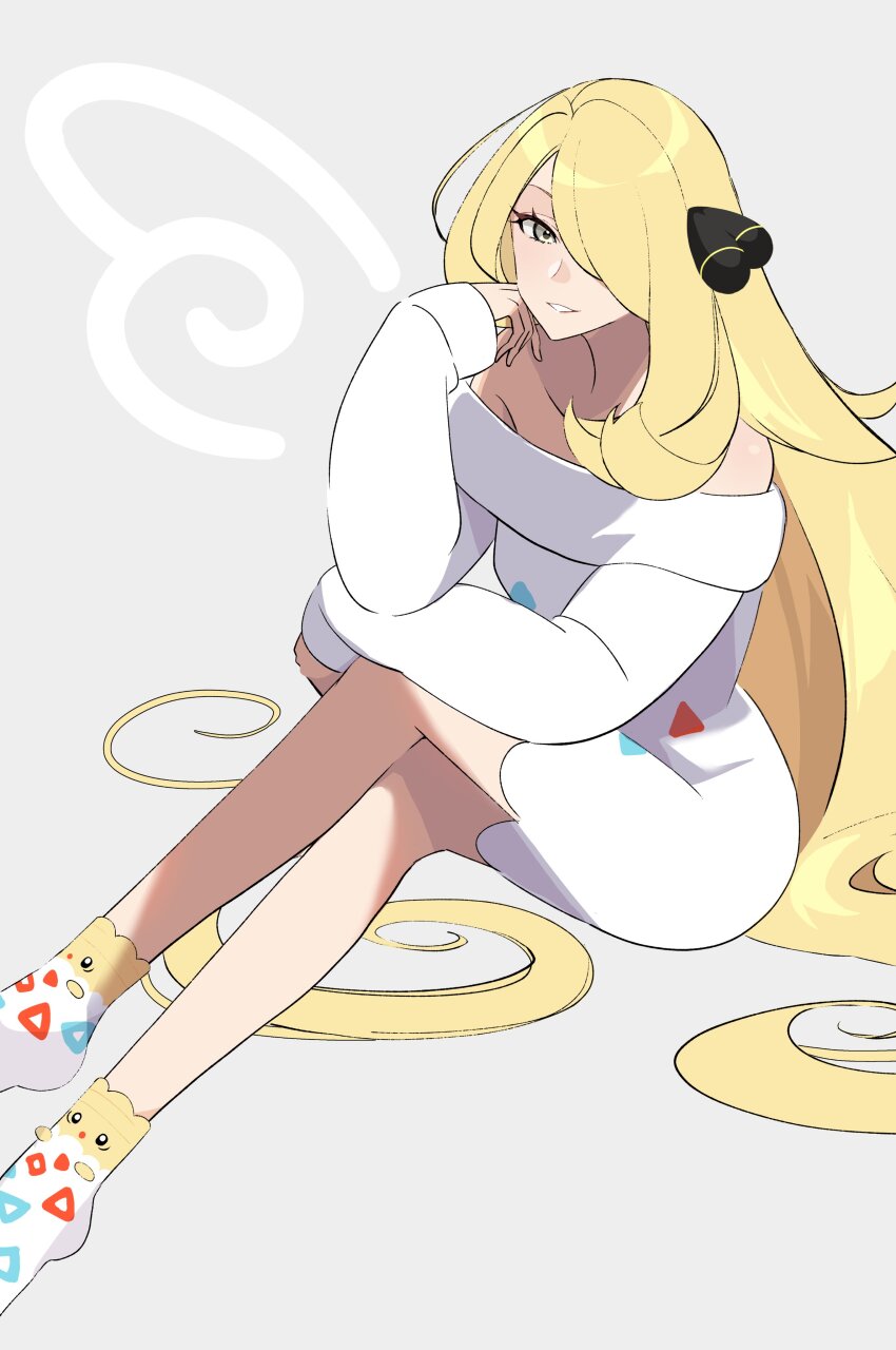 1girl, absurdres, blonde_hair, breasts, cynthia_(pokemon), gen_2_pokemon, grey_eyes, hair_ornament