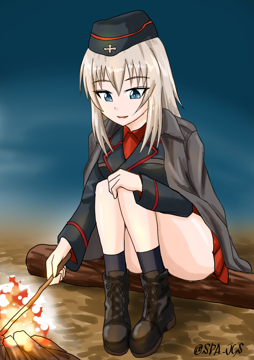 ankle_boots, black_blanket, black_boots, black_hat, black_jacket, black_socks, blue_eyes, bonfire