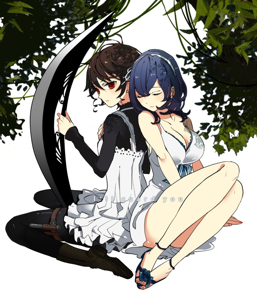 2girls, blue_hair, boots, breasts, brown_hair, cleavage, dress, closed_eyes, hairband, highres, jita_phrygianos, large_breasts, lastgray, looking_back, multiple_girls, pantyhose, red_eyes, sandals, seikon_no_qwaser, short_hair, sitting, thigh_strap, weapon, yamanobe_tomo