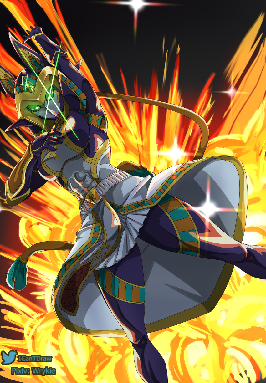 1girl, absurdres, amen_(isekai_red), arm_up, blue_bodysuit, bodysuit, breasts, cowboy_shot, explosion, forehead_jewel, glint, green_eyes, highres, large_breasts, pixiv_username, ranya_(sentai_red_ga_isekai_de_boukensha_ni_naru), richard_park, sentai_red_isekai_de_boukensha_ni_naru, solo, tokusatsu, twitter_username