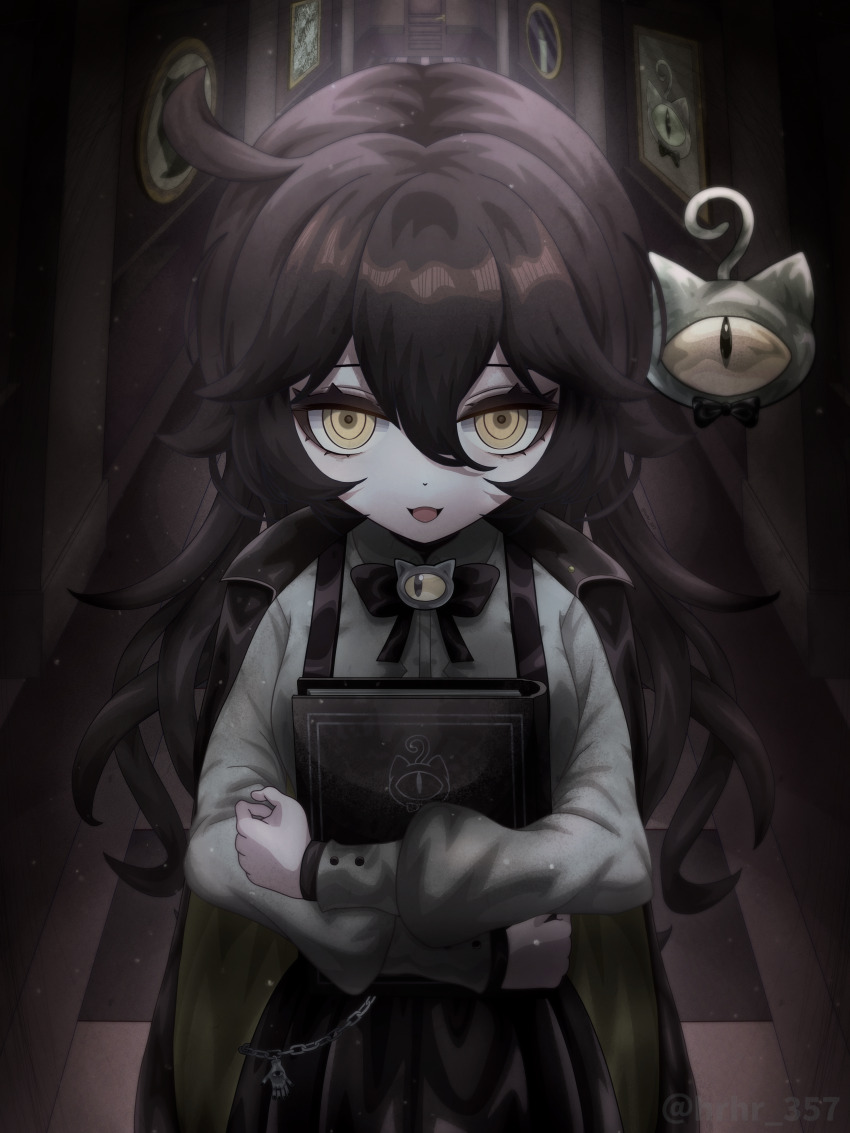 1girl, :d, absurdres, ahoge, black_bow, black_bowtie, black_hair, book