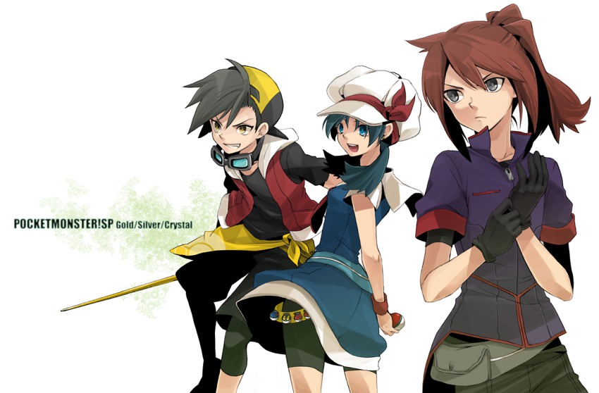 00s, 2boys, adjusting_clothes, adjusting_gloves, androgynous, bad_id, bad_pixiv_id, baseball_cap, bike_shorts, black_hair, blue_eyes, blue_hair, newsboy_cap, character_name, copyright_name, cue_stick, ethan_(pokemon), gloves, goggles, great_ball, grey_eyes, hat, holding, holding_poke_ball, kris_(pokemon), kumo_suzume, multiple_boys, nintendo, poke_ball, pokemon, pokemon_adventures, pokemon_heartgold_and_soulsilver, pole, ponytail, red_hair, silver_(pokemon), skirt, ultra_ball, vest, waist_poke_ball, yellow_eyes