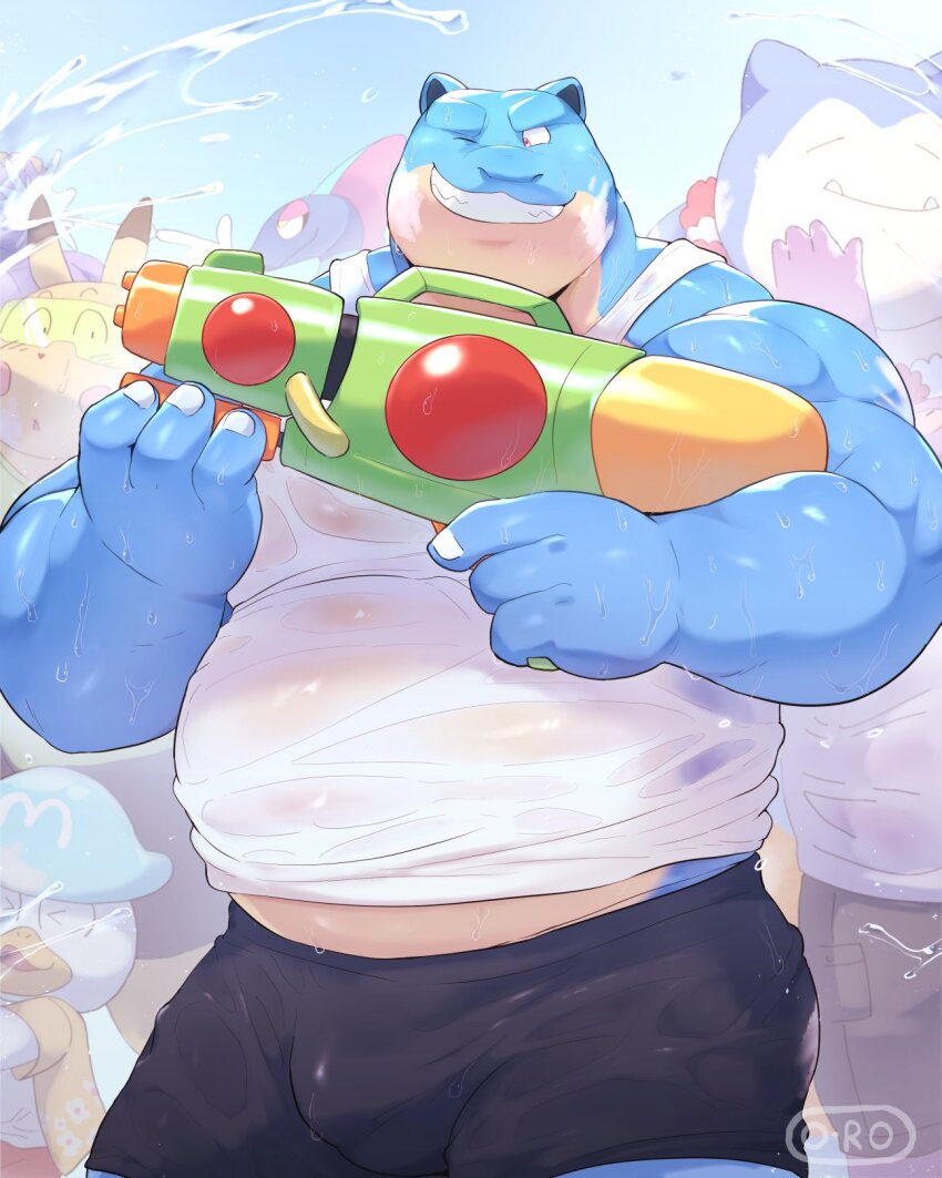1boy, artist_name, bara, belly, black_shorts, blastoise, bulge, commentary