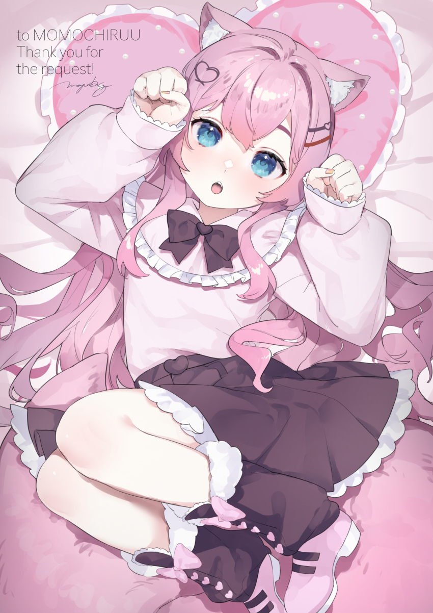 1girl, animal_ear_fluff, animal_ears, black_bow, black_skirt, blue_eyes, blush, bow