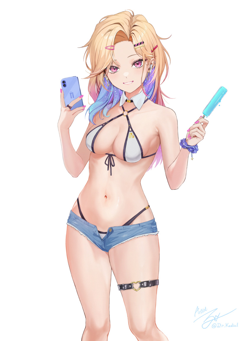 1girl, absurdres, alternate_costume, artist_name, bare_shoulders, bikini, bikini_bottom_under_shorts, bikini_under_clothes