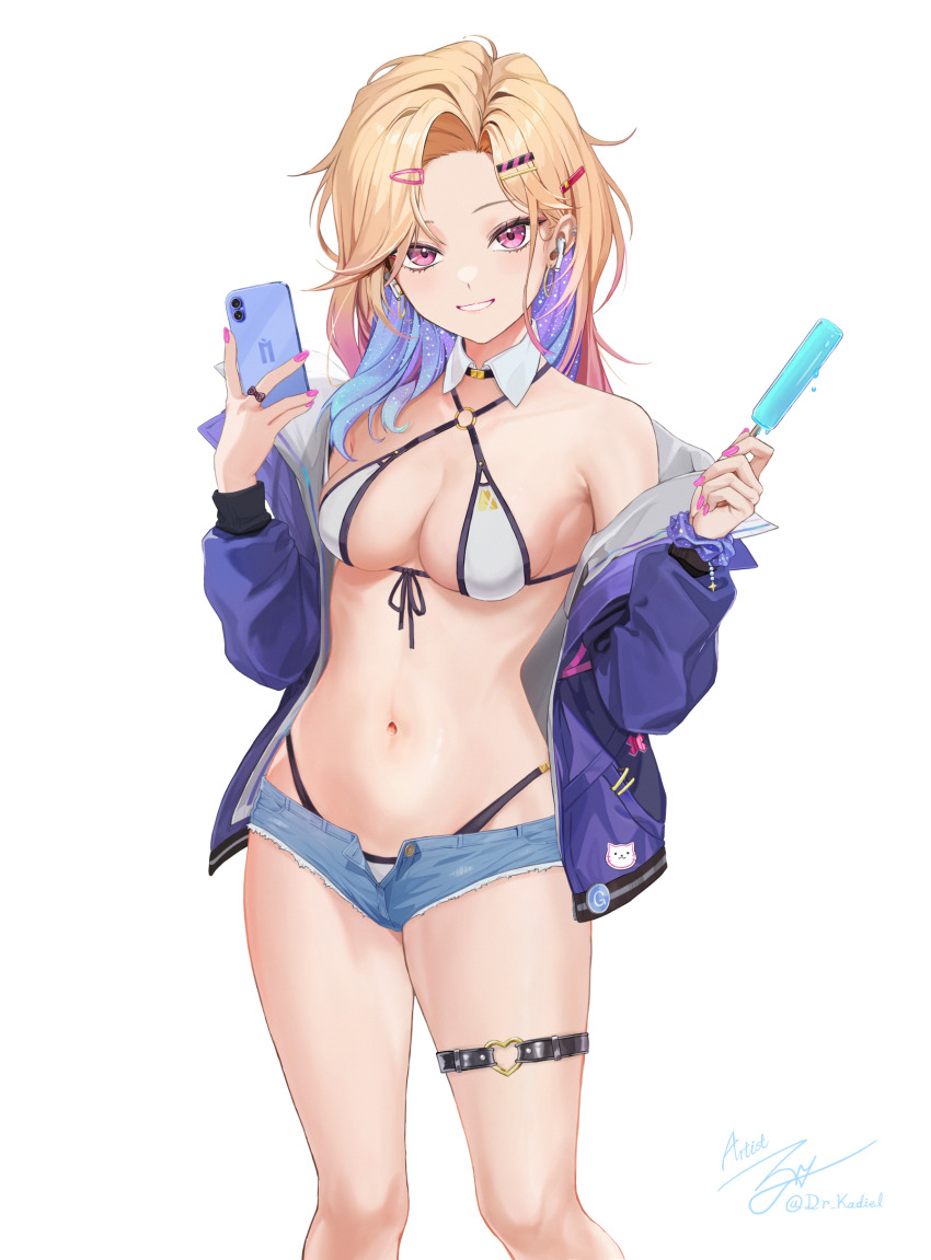 1girl, absurdres, alternate_costume, artist_name, bikini, bikini_bottom_under_shorts, bikini_under_clothes, blonde_hair, breasts, collar, colored_inner_hair, commentary, denim, denim_shorts, detached_collar, ein_(nikke), food, goddess_of_victory:_nikke, highres, holding, holding_food, holding_phone, holding_popsicle, jacket, kadiel, long_hair, medium_breasts, multicolored_hair, navel, open_fly, parted_lips, phone, pink_eyes, pink_nails, popsicle, purple_hair, purple_jacket, shorts, simple_background, smile, solo, stomach, swimsuit, thigh_strap, twitter_username, white_background, white_bikini, white_collar