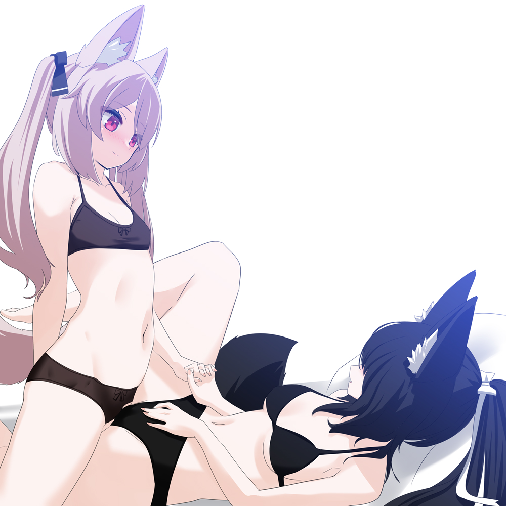 2girls, animal_ear_fluff, animal_ears, arm_behind_back, bare_shoulders, barefoot, bed, bed_sheet
