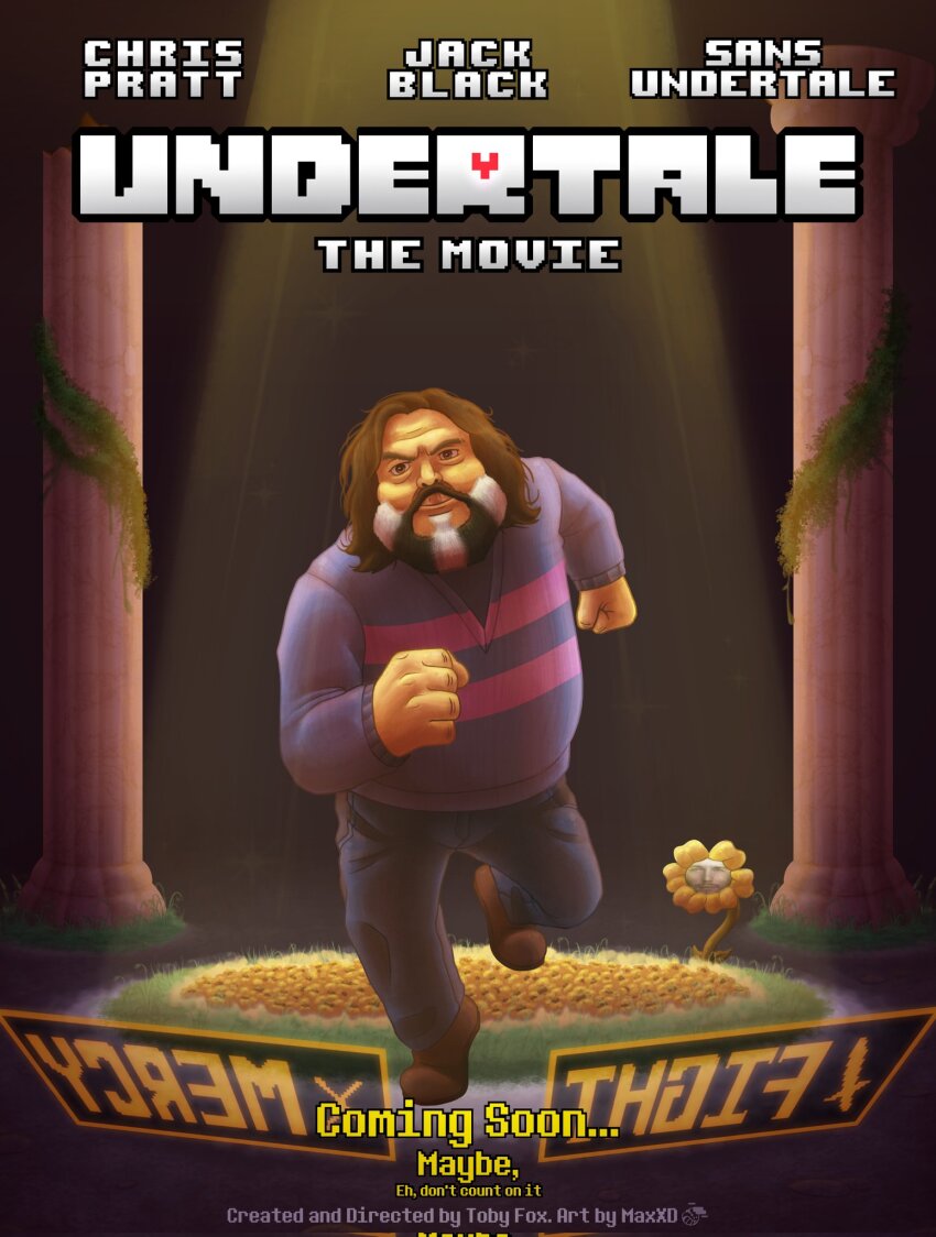 1boy, beard, black_eyes, black_hair, chris_pratt, copyright_logo, copyright_name, english_text, facial_hair, flower, flowey_(undertale), frisk_(undertale), full_body, grass, highres, jack_black, logo, male_focus, maxxdisamnesic, mustache, pants, parody, pillar, poster_parody, running, solo, sunlight, undertale, utdr_(toby_fox), yellow_flower