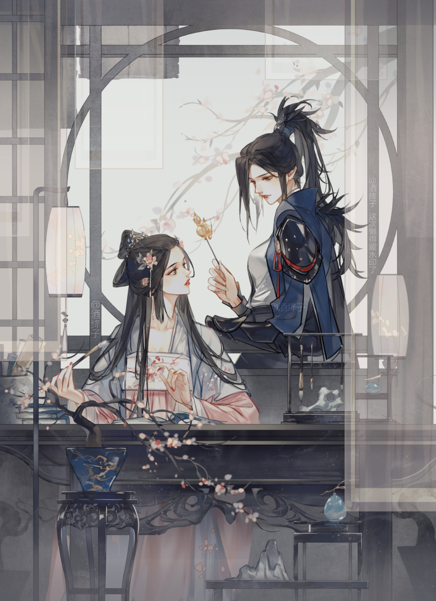 2girls, armor, bird, black_hair, branch, chinese_clothes, dress, flower