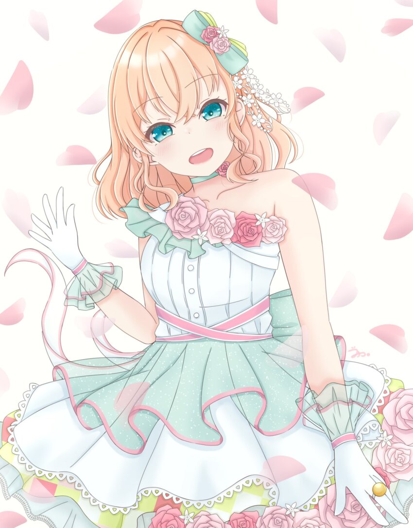 1girl, :d, aqua_bow, aqua_choker, aqua_eyes, bow, breasts, buchiko_(shakishaki25726), choker, collarbone, commentary, cowboy_shot, crossed_bangs, dress, dress_flower, falling_petals, flower, flower_choker, frilled_dress, frilled_gloves, frills, gloves, hair_bow, hair_flower, hair_ornament, highres, hinoshita_kaho, link!_like!_love_live!, love_live!, medium_breasts, medium_hair, open_mouth, orange_hair, petals, pink_flower, pink_petals, pink_rose, rabbit_hair_ornament, rose, single-shoulder_dress, single_bare_shoulder, smile, solo, teeth, two_side_up, upper_teeth_only, virtual_youtuber, white_gloves, yume_wazurai
