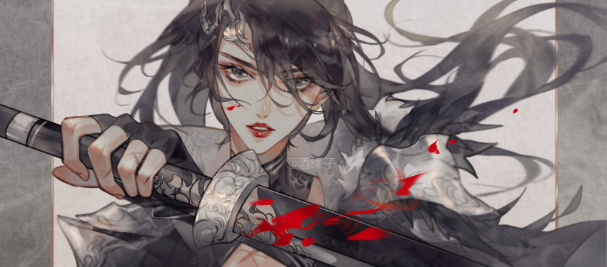 1girl, artist_name, black_hair, blood, blood_on_face, dress, fingerless_gloves, gloves