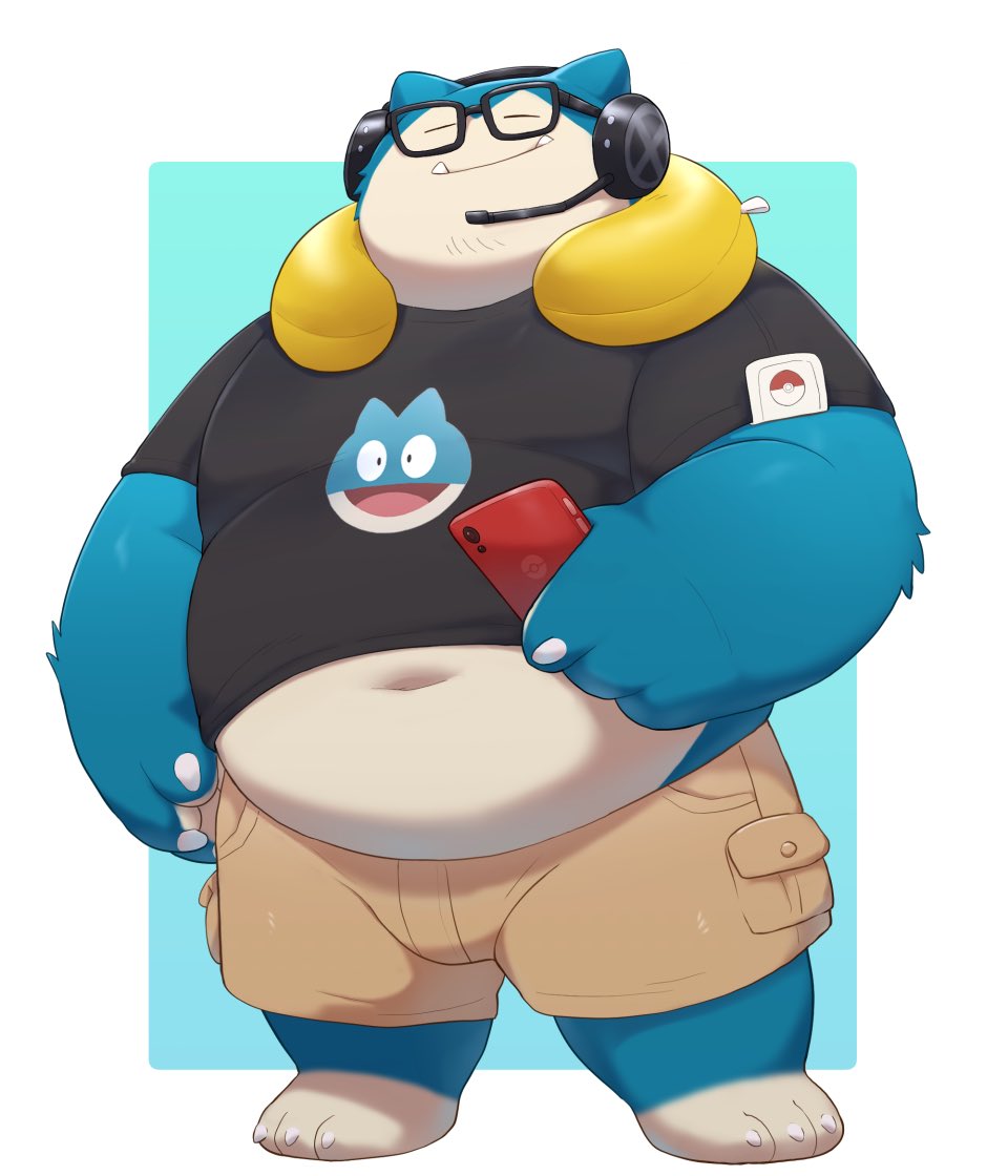 1boy, bara, barefoot, beard_stubble, belly, black_shirt, blue_fur, brown_pants