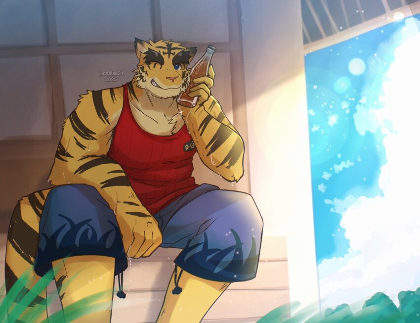 animal_ears, bara, blue_shorts, blue_sky, bottle, animal_nose, chalse31, cloud
