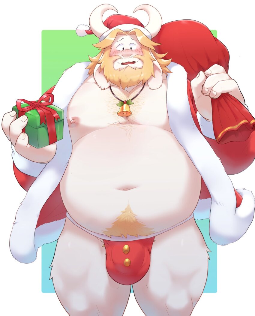 1boy, asgore_dreemurr, bara, beard, belly, blonde_hair, blush, box