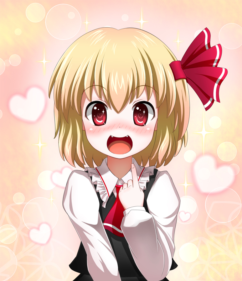1girl, :d, ascot, blonde_hair, blush, confession, embodiment_of_scarlet_devil, fang