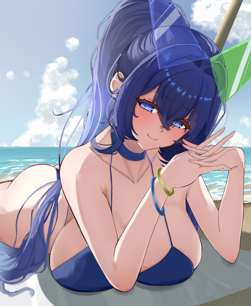 1girl, argar_demo, ass, azur_lane, beach, bikini, blue_bikini, blue_eyes