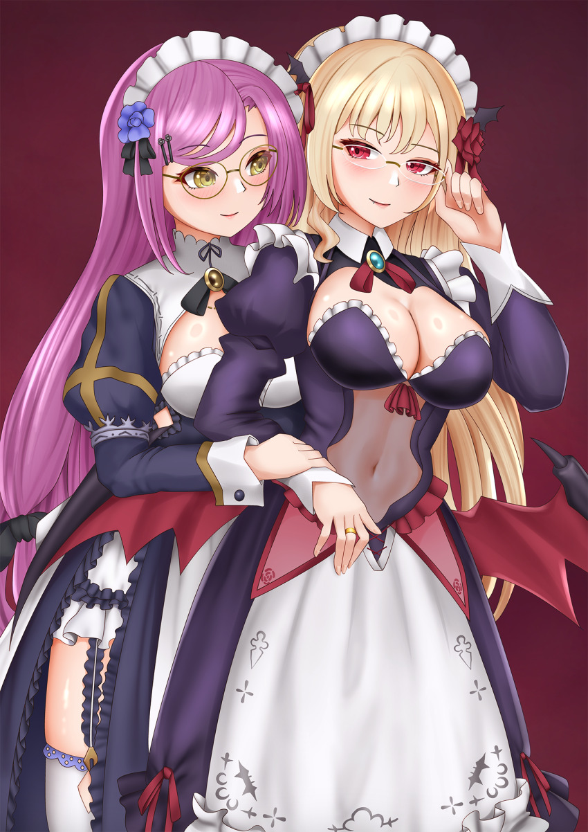 2girls, adjusting_eyewear, apron, assault_lily, bat_wings, behind_another, black_ribbon, blonde_hair, blue_dress, blue_flower, blunt_bangs, blush, breasts, cleavage, cleavage_cutout, closed_mouth, clothing_cutout, commentary_request, cowboy_shot, dress, fang, fang_out, fingernails, flower, frilled_apron, frilled_dress, frills, garter_straps, glasses, gradient_background, hair_flower, hair_ornament, hair_ribbon, hairclip, hand_on_another's_wrist, hand_up, hands_up, heads_together, highres, imai_tomohiro, jewelry, juliet_sleeves, large_breasts, long_hair, long_sleeves, looking_at_another, looking_to_the_side, low_wings, maid, maid_headdress, maki_wakana, multiple_girls, navel, neck_ribbon, official_alternate_costume, okada_kisara, puffy_sleeves, purple_dress, purple_hair, red_background, red_eyes, red_flower, red_ribbon, ribbon, ring, see-through_clothes, see-through_dress, semi-rimless_eyewear, side_slit, sideways_glance, smile, standing, thighhighs, very_long_hair, waist_apron, white_apron, white_thighhighs, wing_hair_ornament, wings, yellow-framed_eyewear, yellow_eyes, yuri