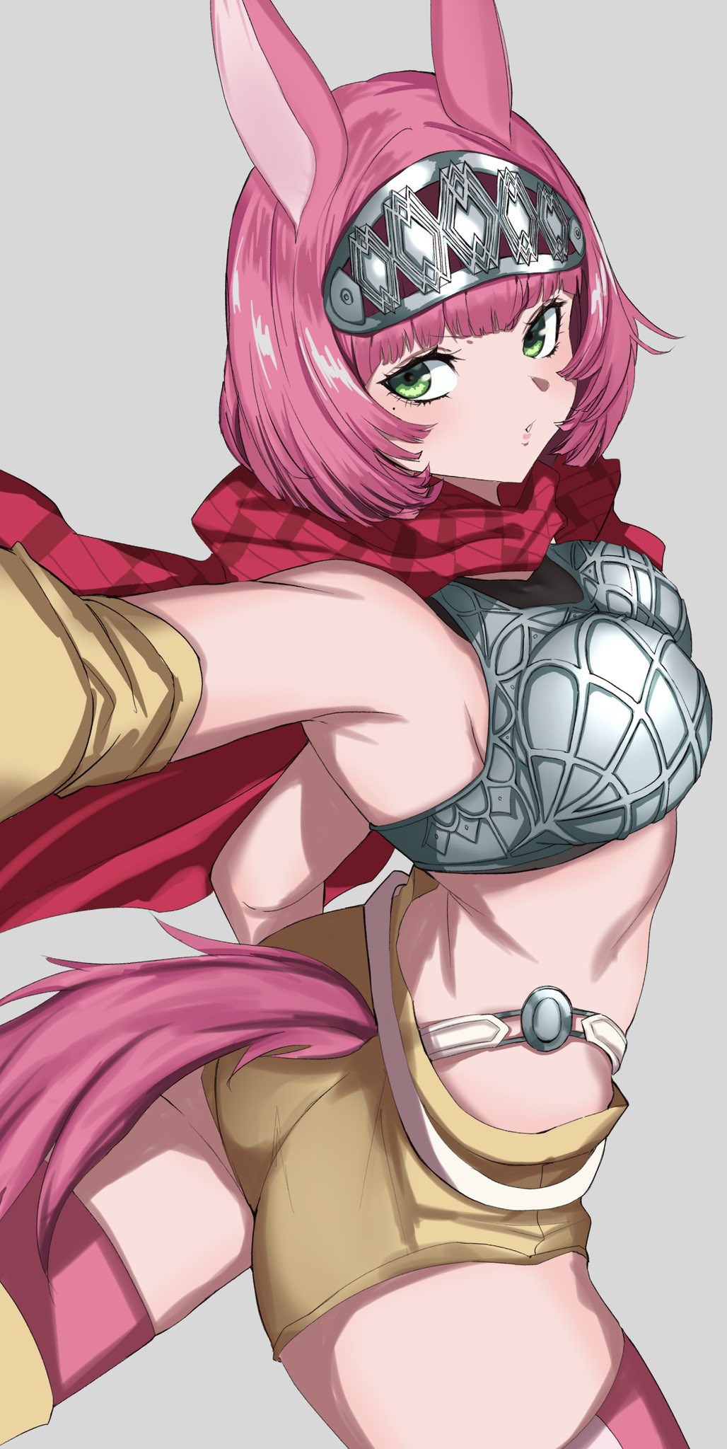 1girl, animal_ears, ass, breasts, brown_shorts, catherina_(metaphor:_refantazio), commentary_request, green_eyes