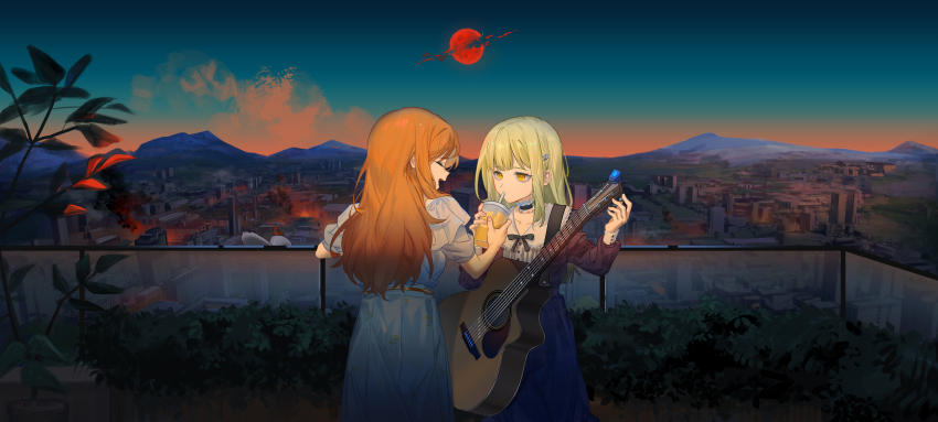 2girls, absurdres, acoustic_guitar, apocalypse, bang_dream!, bang_dream!_it's_mygo!!!!!, black_choker, blue_dress, brown_hair, choker, closed_eyes, commentary_request, cup, dress, drinking_straw, frilled_choker, frills, green_hair, guitar, guitar_tuner, highres, holding, holding_cup, incredibly_absurdres, instrument, korean_commentary, long_hair, moon, multiple_girls, nagasaki_soyo, open_mouth, outdoors, planetary_destruction, shirt, short_sleeves, sidelocks, wakaba_mutsumi, white_shirt, yellow_eyes, yuan_shuang