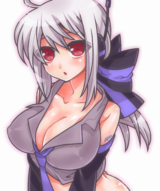 1girl, albino, ass, bare_shoulders, blush, bow, breasts, cleavage