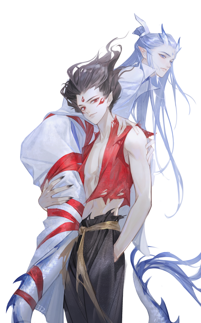 2boys, absurdres, ao_bing_(nezha_zhi_motong_jiangshi), black_hair, black_nails, black_pants, blue_eyes, blue_hair