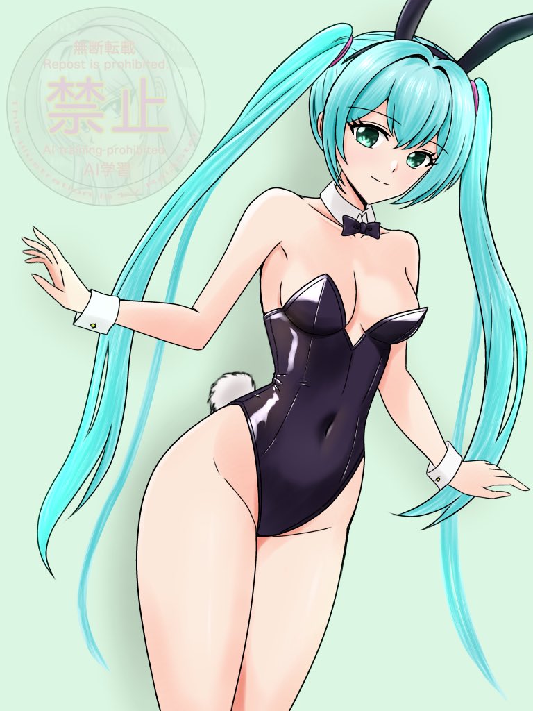 1girl, animal_ears, aqua_eyes, aqua_hair, black_bow, black_leotard, bow, breasts, collarbone, covered_navel, detached_collar, fake_animal_ears, fake_tail, groin, hatsune_miku, leotard, long_hair, looking_at_viewer, medium_breasts, playboy_bunny, rabbit_ears, rabbit_tail, rai3star, solo, standing, strapless, strapless_leotard, tail, twintails, vocaloid, wrist_cuffs