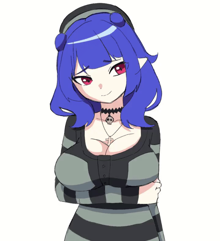 1girl, alternate_costume, animated, arm_under_breasts, beret, black_choker, black_hat, black_sweater, blue_hair, blunt_bangs, blush, bouncing_breasts, breasts, choker, cleavage, cross, cross_necklace, dizzy_dokuro, dizzy_dokuro_(goth), embarrassed, hair_ornament, hat, jewelry, large_breasts, necklace, phase_connect, pointy_ears, red_eyes, sagging_breasts, seori091, simple_background, skull_necklace, skull_ornament, smile, solo, striped_clothes, striped_hat, striped_sleeves, striped_sweater, sweater, unbuttoned, unbuttoned_shirt, upper_body, video, virtual_youtuber, white_background