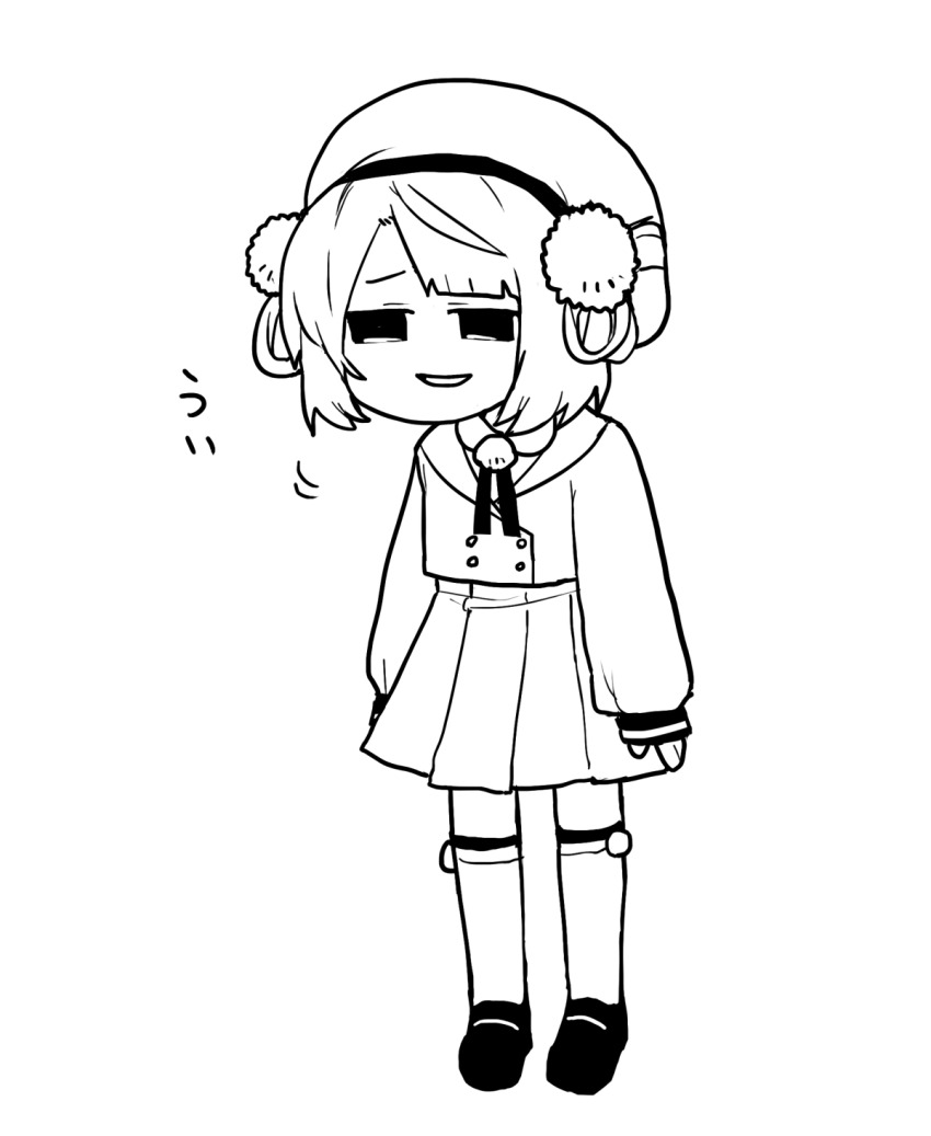 1girl, beret, buttons, double-breasted, full_body, gomihitosi, greyscale, hair_ornament