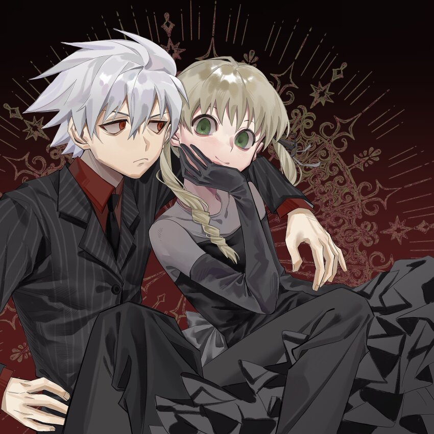 1boy, 1girl, alternate_skin_color, aynm010330, black_dress, black_gloves, black_necktie, buttons