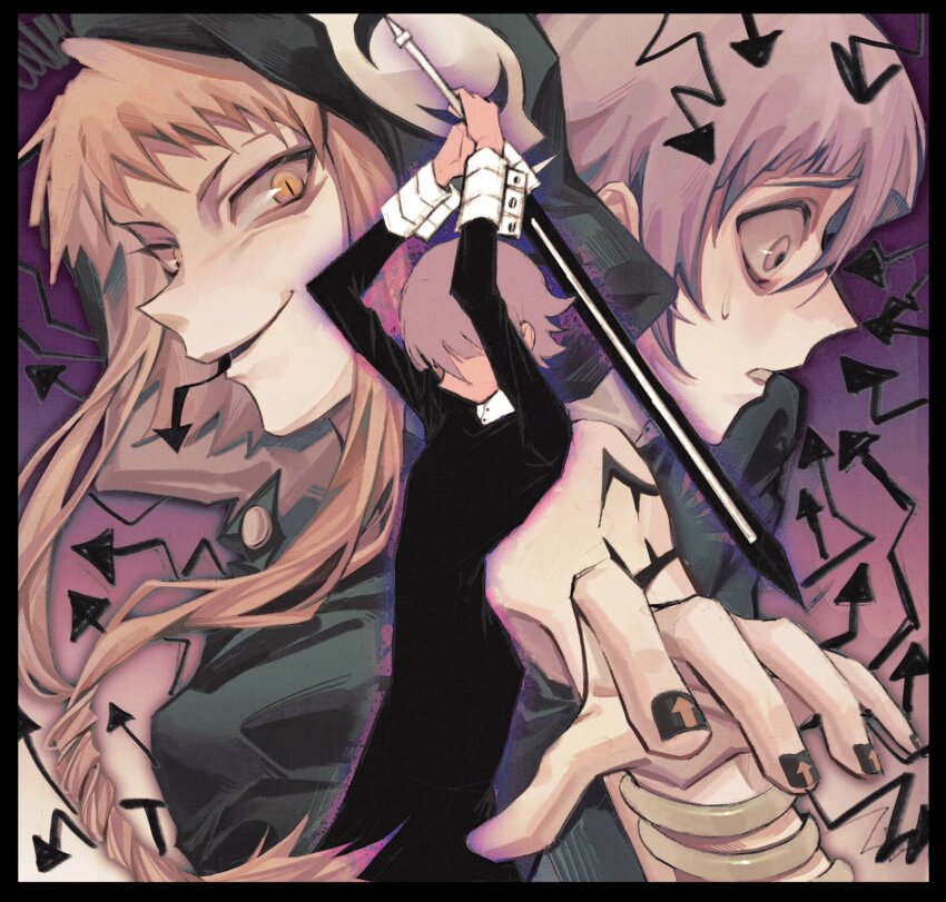 1girl, 1other, androgynous, arrow_(symbol), aynm010330, black_hood, black_nails, blonde_hair