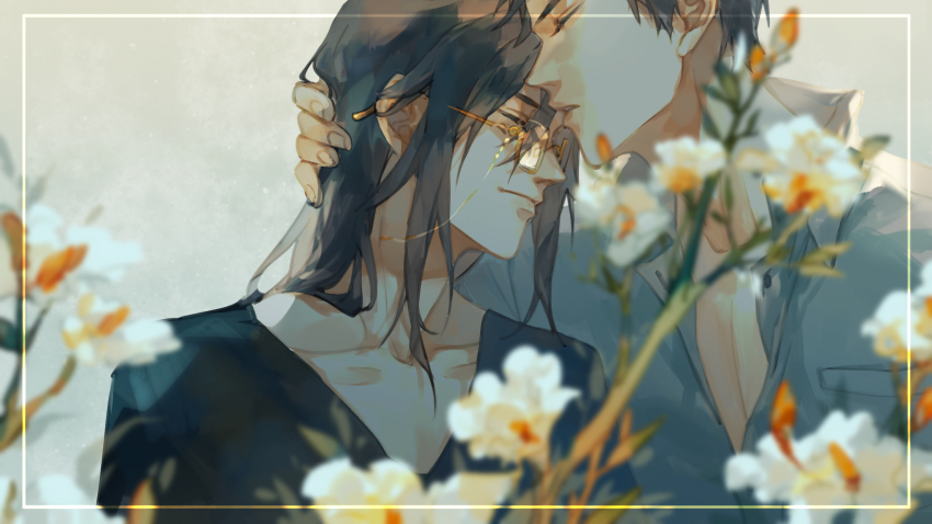 2boys, black_hair, black_shirt, blurry, blurry_foreground, collarbone, depth_of_field, fei_du