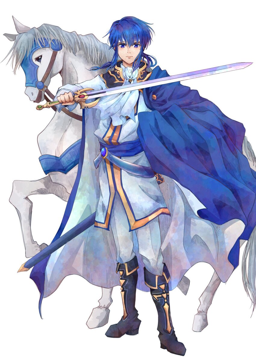 1boy, ascot, barding, black_boots, blue_cape, blue_eyes, boots, cape