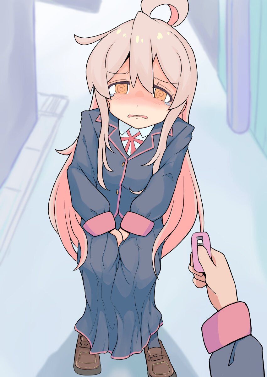 2girls, @_@, absurdres, ahoge, blazer, blue_jacket, blue_skirt, blue_socks, controller, double-parted_bangs, embarrassed, fley0205, full_body, hair_between_eyes, hand_on_own_crotch, highres, holding, holding_controller, holding_remote_control, implied_vibrator, jacket, leaning_forward, loafers, long_hair, long_sidelocks, long_skirt, multiple_girls, onii-chan_wa_oshimai!, orange_eyes, outdoors, oyama_mahiro, pink_hair, pink_trim, pov, red_ribbon, remote_control, ribbon, road, shoes, sidelocks, skirt, socks, street, tearing_up, very_long_hair