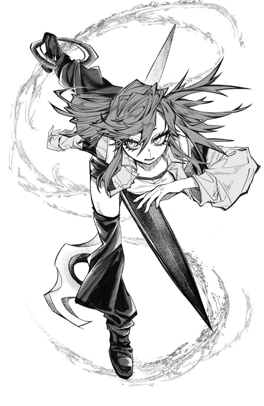 1girl, aynm010330, chinese_commentary, dynamic_pose, full_body, gachiakuta, greyscale, hair_between_eyes, highres, loose_thighhigh, mixed-language_commentary, monochrome, open_mouth, riyo_reaper, solo, tagme, thick_eyelashes