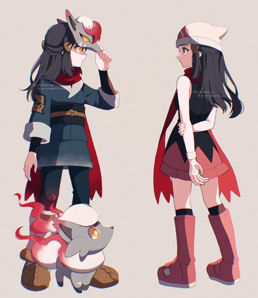 akari_(pokemon), beanie, black_hair, blue_eyes, blue_hair, boots, closed_mouth, dawn_(pokemon)