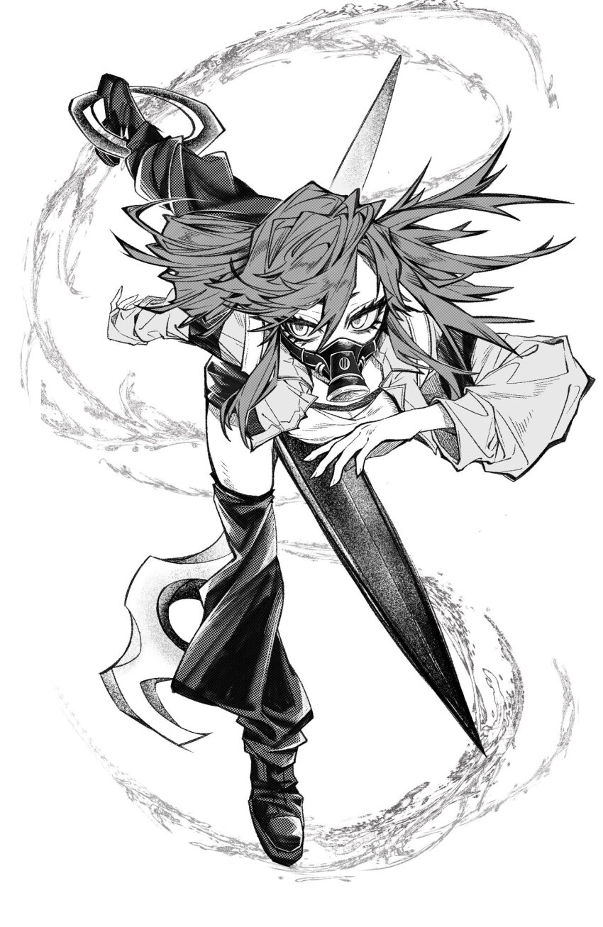 aynm010330, chinese_commentary, covered_mouth, dynamic_pose, full_body, gachiakuta, greyscale, hair_between_eyes