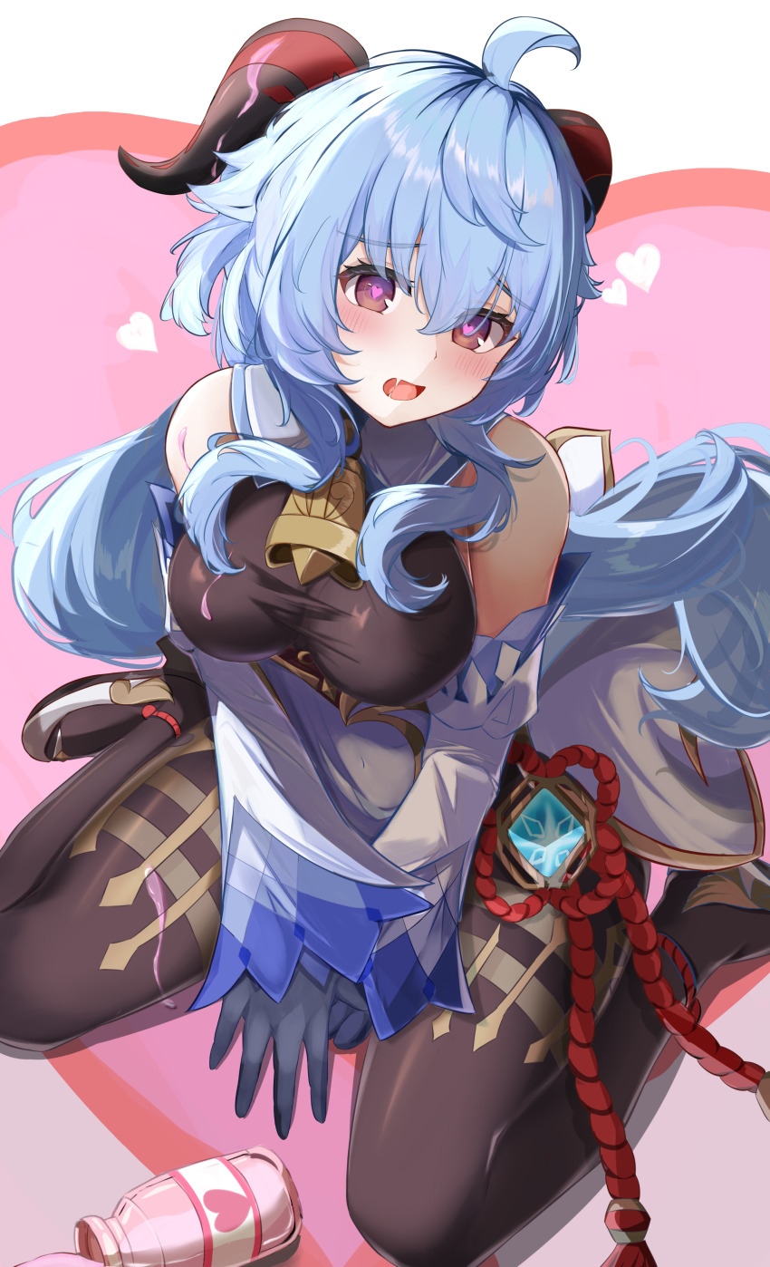 1girl, absurdres, ahoge, bare_shoulders, bell, black_gloves, blue_gem, blue_hair