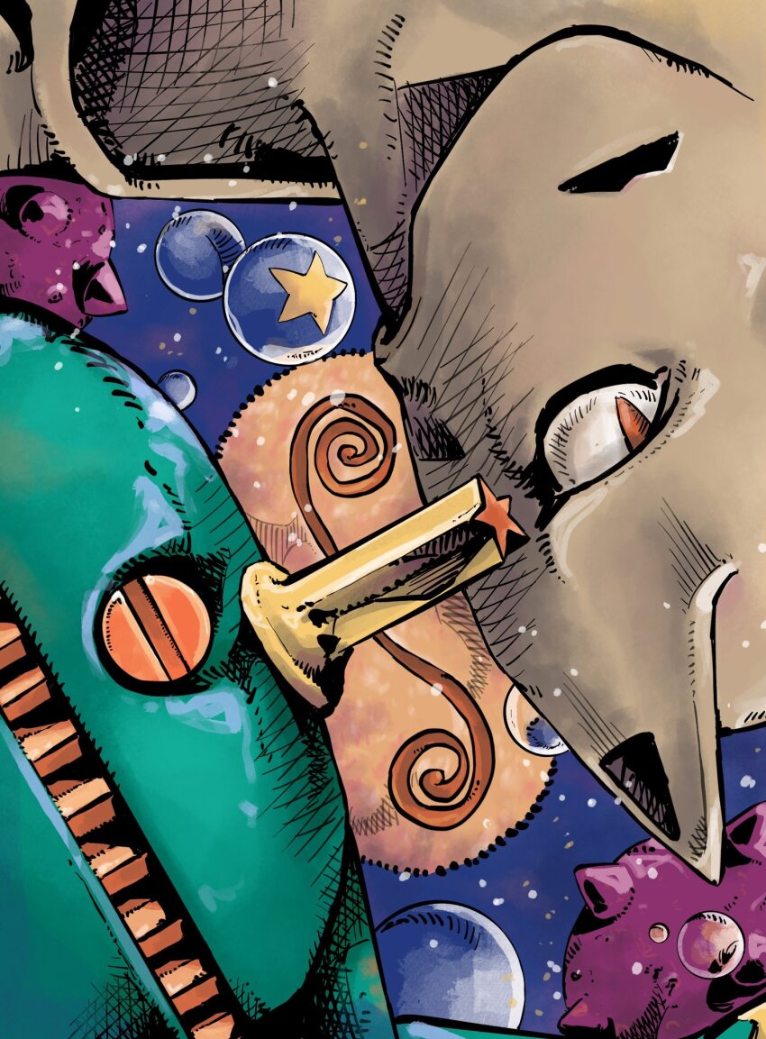 2others, animal_ears, araki_hirohiko_(style), ark_nemesis, blue_background, cat_ears, colored_skin, green_skin