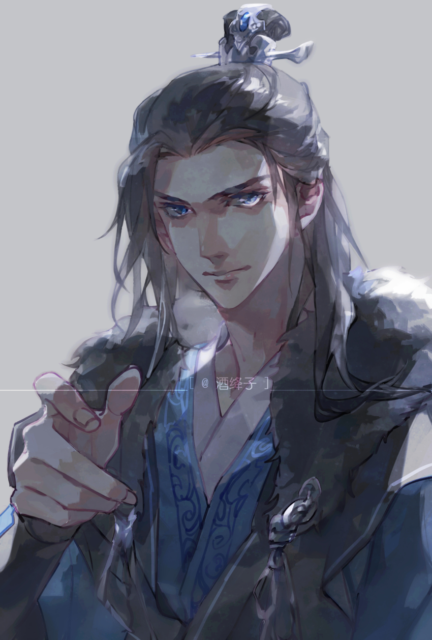 1boy, artist_name, black_hair, blue_eyes, chang_geng, chinese_clothes, closed_mouth, fur_trim