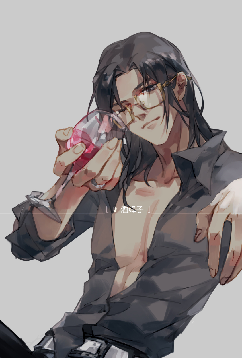 1boy, alcohol, artist_name, belt, black_eyes, black_hair, black_pants, black_shirt, closed_mouth, collared_shirt, cup, drinking_glass, fei_du, glasses, grey_background, highres, holding, holding_cup, jiujiangzi_benren, long_hair, looking_at_viewer, male_focus, open_clothes, open_shirt, pants, parted_bangs, pectorals, shirt, silent_reading, simple_background, solo, watermark, wine, wine_glass