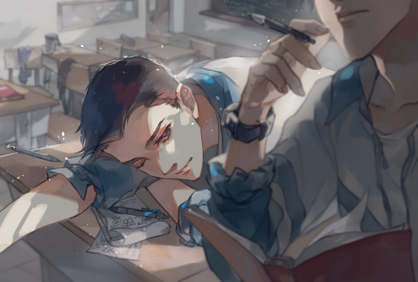 2boys, black_hair, blue_eyes, blurry, book, brown_hair, chair, chalkboard, classroom, closed_mouth, depth_of_field, desk, eraser, gu_fei_(sa_ye), highres, holding, indoors, jacket, jiang_cheng_(sa_ye), jiujiangzi_benren, light_particles, male_focus, multiple_boys, one_eye_closed, open_book, paper, pen, pencil, sa_ye, school_desk, shirt, short_hair, sitting, solo_focus, watch, white_shirt, wristwatch, writing, yaoi