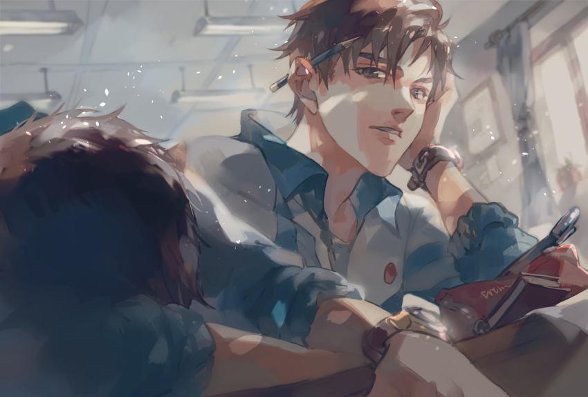 2boys, book, bracelet, brown_eyes, brown_hair, curtains, gu_fei_(sa_ye), head_rest, highres, holding, indoors, jacket, jewelry, jiang_cheng_(sa_ye), jiujiangzi_benren, long_sleeves, lying, male_focus, multiple_boys, open_book, parted_lips, pen, pencil, sa_ye, shirt, short_hair, solo_focus, sunlight, watch, window, wristwatch, yaoi