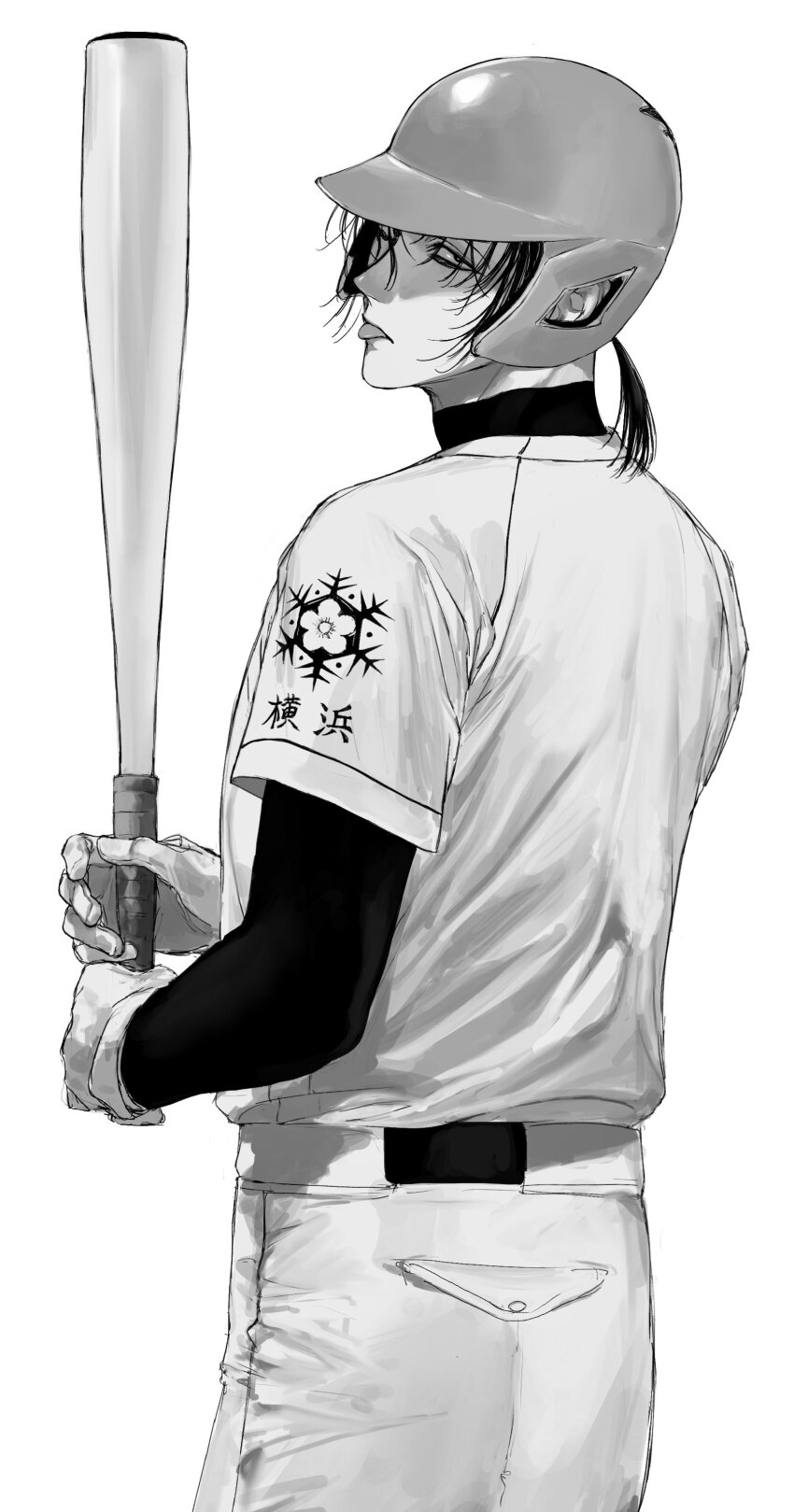 1boy, aa_kabeuchi, absurdres, baseball_bat, baseball_helmet, baseball_uniform, commentary_request, cowboy_shot