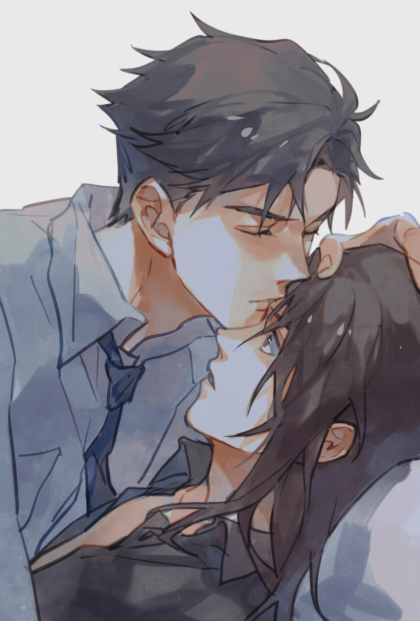 2boys, black_hair, black_shirt, blue_eyes, blue_necktie, brown_hair, closed_eyes, collared_shirt