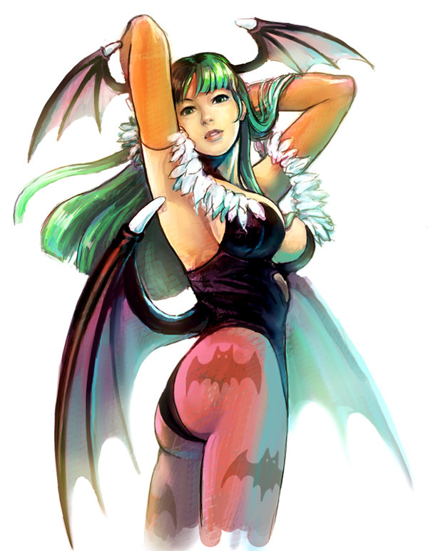 1girl, animal_print, armpits, arms_up, ass, bare_shoulders, bat_print, blunt_bangs, bodysuit, breasts, capcom, cropped_legs, darkstalkers, demon_girl, demon_wings, elbow_gloves, feathers, female_focus, from_behind, from_side, ganpiro, gloves, green_hair, head_tilt, head_wings, highleg, highleg_leotard, large_breasts, leotard, long_hair, looking_at_viewer, looking_back, low_wings, morrigan_aensland, pantyhose, parted_bangs, patterned_legwear, pink_pantyhose, print_pantyhose, realistic, simple_background, skin_tight, solo, white_background, wings