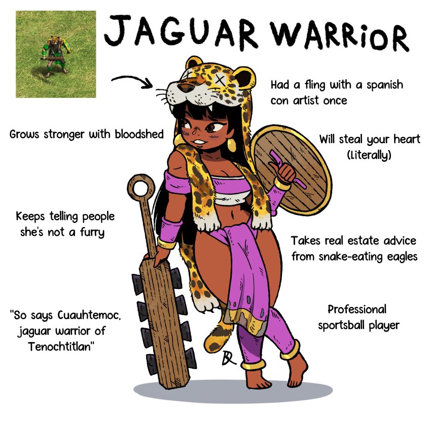 1girl, absurdres, age_of_empires_(series), age_of_empires_ii, animal_print, bandeau, barefoot, black_hair, blush, bracelet, dark-skinned_female, dark_skin, detached_sleeves, earrings, english_text, highres, holding, holding_shield, holding_weapon, jaguar_warrior, jewelry, kabewski, kneehighs, leaning_to_the_side, leopard_print, loincloth, long_hair, navel, shield, smile, socks, standing, teeth, weapon